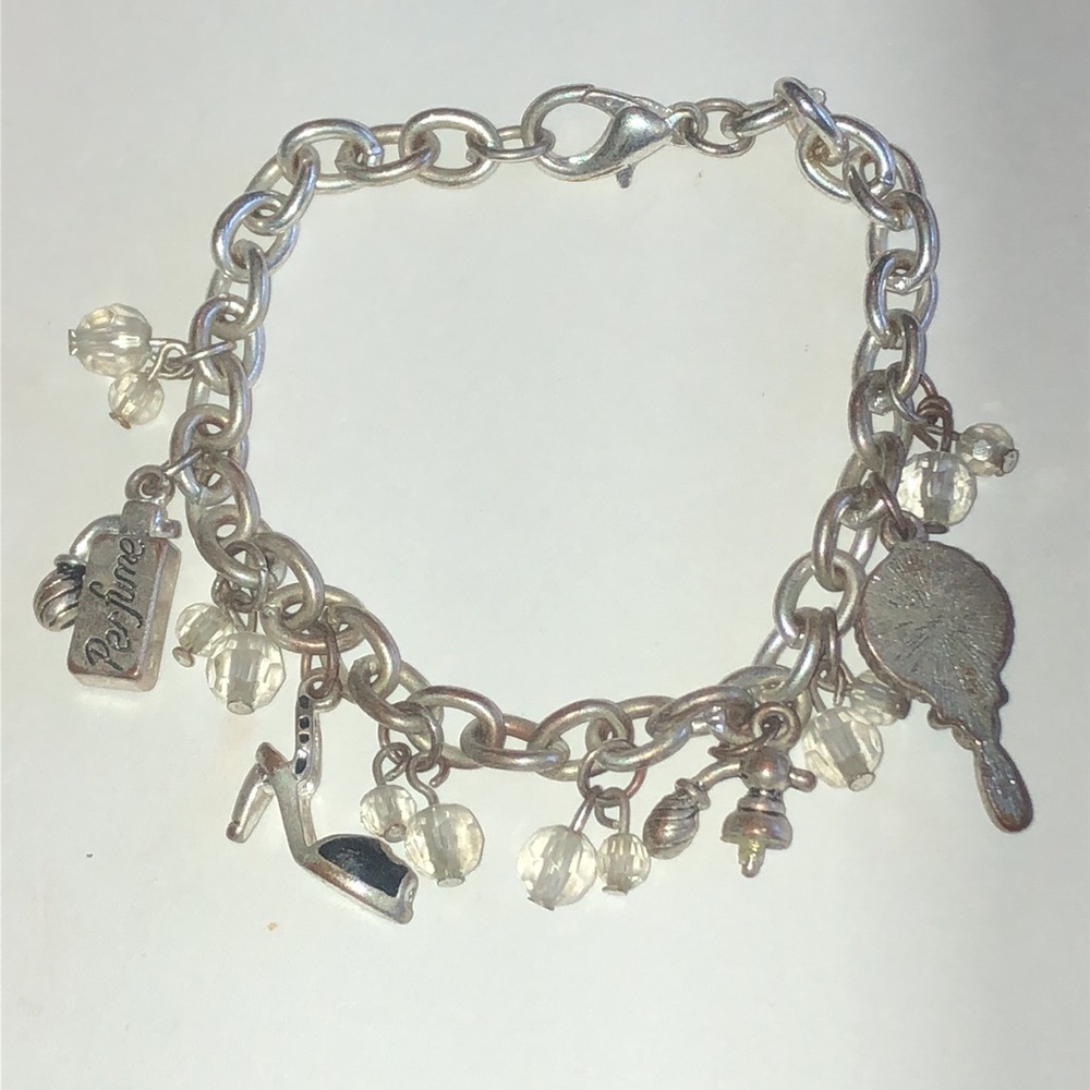 Silver Tone Shoe Mirror Charm Perfume Chain Bracelet with Clear Bead Accents - Picture 6 of 6